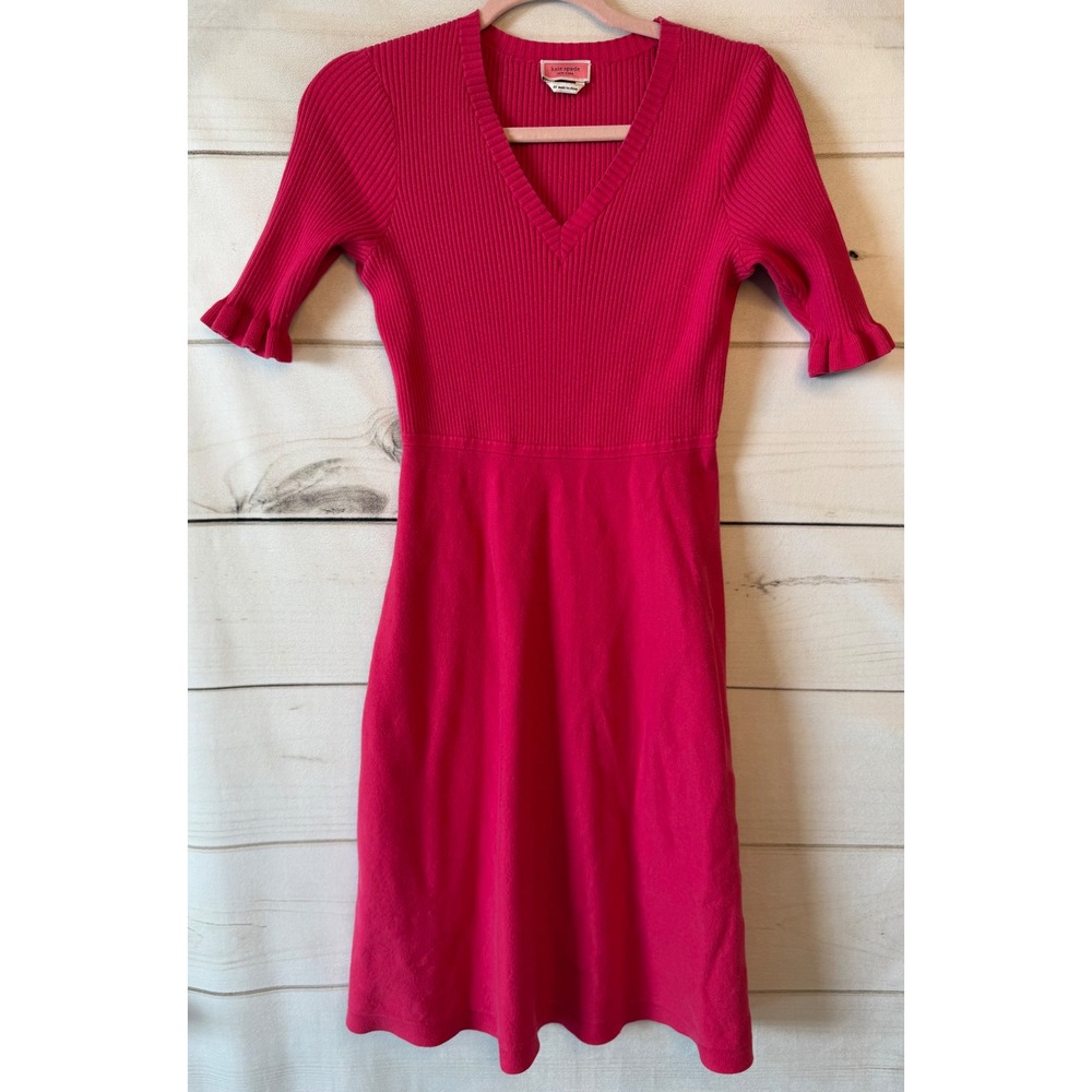 Kate Spade Pink Ribbed V-Neck Fit and Flare Ruffle Sleeve Sweater Dress XS
